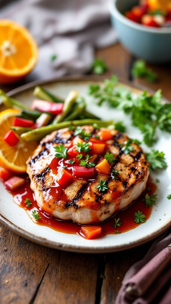 Grilled pork chop topped with tangy rhubarb orange sauce, garnished with orange slices, on a rustic table.